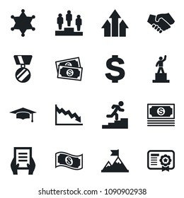 Set of vector isolated black icon - dollar sign vector, pedestal, medal, graduate, document, cash, career ladder, police, arrow up graph, motivation, handshake, crisis, certificate