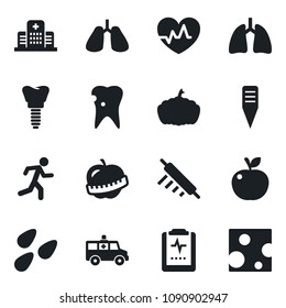 Set of vector isolated black icon - plant label vector, pumpkin, seeds, heart pulse, ambulance car, run, lungs, caries, implant, clipboard, diet, hospital, rolling pin, apple fruit, cheese