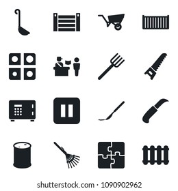 Set of vector isolated black icon - passport control vector, safe, farm fork, rake, wheelbarrow, saw, garden knife, scalpel, cargo container, oil barrel, pause button, application, ladle, radiator