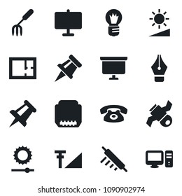 Set of vector isolated black icon - presentation board vector, drawing pin, bulb, garden fork, satellite, hdmi, brightness, cellular signal, ink pen, plan, phone, rolling, pc
