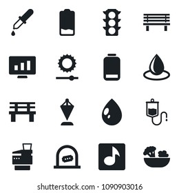 Set of vector isolated black icon - ticket office vector, pennant, statistic monitor, water drop, bench, dropper, traffic light, low battery, brightness, music, copier, salad