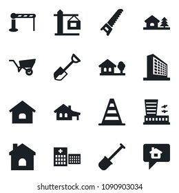 Set of vector isolated black icon - barrier vector, border cone, airport building, office, shovel, wheelbarrow, saw, house, hospital, with garage, tree, crane, home message