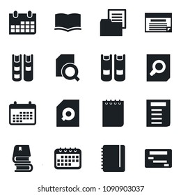 Set of vector isolated black icon - book vector, document search, notepad, calendar, folder, schedule