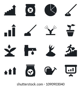 Set of vector isolated black icon - growth statistic vector, seedling, watering can, sproute, hoe, fertilizer, drip irrigation, pie graph, career ladder, arrow up, presentation