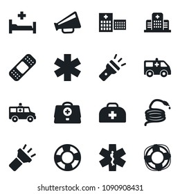 Set of vector isolated black icon - hose vector, doctor case, patch, ambulance star, car, hospital bed, loudspeaker, torch, crisis management