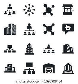 Set of vector isolated black icon - hierarchy vector, well, molecule, hospital, office building, garage, home message