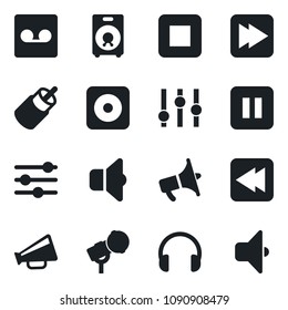 Set of vector isolated black icon - microphone vector, loudspeaker, settings, headphones, speaker, pause button, stop, fast forward, rewind, rec, rca, tuning, record, sound