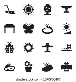 Set of vector isolated black icon - sun vector, flower in pot, lawn mower, butterfly, lady bug, pond, brightness, pool, fruit tree, table, restaurant