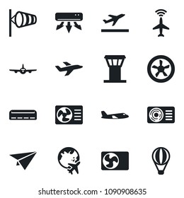 Set of vector isolated black icon - airport tower vector, plane radar, departure, wind, globe, air conditioner, fan, paper, balloon
