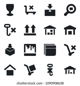 Set of vector isolated black icon - fragile vector, cargo, warehouse storage, up side sign, no trolley, hook, package, search, scanner, blank box