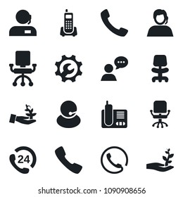 Set of vector isolated black icon - office chair vector, phone, 24 hours, support, speaker, radio, call, root setup, palm sproute