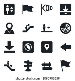 Set of vector isolated black icon - elevator vector, escalator, signpost, left arrow, wind, radar, pin, download, place tag, compass, flag