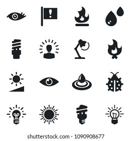 Set of vector isolated black icon - sun vector, lady bug, fire, eye, important flag, brightness, desk lamp, water, energy saving bulb, shining head, idea