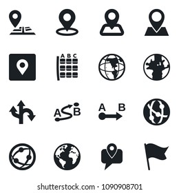 Set of vector isolated black icon - seat map vector, route, navigation, earth, pin, mobile tracking, network, place tag, flag