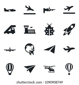 Set of vector isolated black icon - departure vector, arrival, ladder car, plane, boarding, helicopter, globe, airport building, lady bug, rocket, paper, air balloon