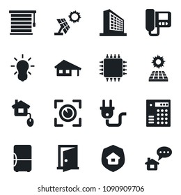 Set of vector isolated black icon - office building vector, house with garage, sun panel, estate insurance, home control, chip, power plug, intercome, bulb, jalousie, eye scan, fridge, door, message