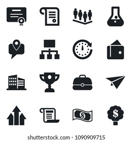 Set of vector isolated black icon - team vector, mobile tracking, office building, arrow up graph, wallet, clock, flask, cash, case, paper plane, hierarchy, certificate, award cup, contract