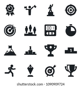 Set of vector isolated black icon - dispatcher vector, pedestal, pennant, medal, run, stopwatch, target, motivation, award cup