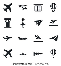 Set of vector isolated black icon - plane vector, airport tower, radar, departure, arrival, boarding, helicopter, flight table, paper, air balloon