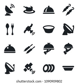 Set of vector isolated black icon - satellite antenna vector, spoon and fork, dish, plates, waiter, chicken, kebab, bowl
