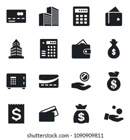 Set of vector isolated black icon - credit card vector, safe, money bag, receipt, office building, combination lock, wallet, investment