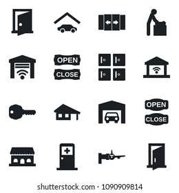 Set of vector isolated black icon - automatic door vector, baby room, boarding, medical, checkroom, house with garage, key, cafe building, open close, gate control