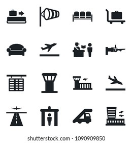 Set of vector isolated black icon - airport tower vector, runway, departure, arrival, baggage conveyor, trolley, passport control, security gate, waiting area, ladder car, wind, boarding, building