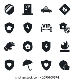 Set of vector isolated black icon - umbrella vector, alarm car, glove, heart shield, flammable, protect, estate protection, vip zone, home