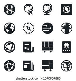 Set of vector isolated black icon - passport vector, globe, plane, earth, consolidated cargo, news, network, compass