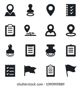 Set of vector isolated black icon - stamp vector, navigation, pin, clipboard, place tag, checklist, flag