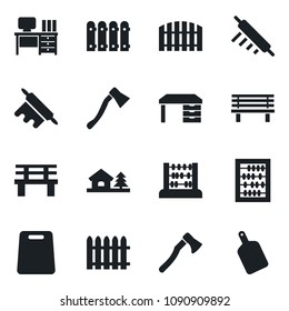 Set of vector isolated black icon - abacus vector, desk, fence, axe, bench, house with tree, rolling pin, cutting board