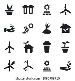 Set of vector isolated black icon - seedling vector, sproute, sun panel, windmill, eco house, water filter, palm