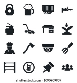 Set of vector isolated black icon - no mobile vector, boarding, desk, garden fork, lawn mower, axe, truck trailer, heavy, rack, paper pin, copier, cook, beer, irrigation, surveillance, group