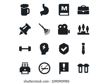 Set of vector isolated black icon - no smoking vector, pedestal, brainstorm, rake, barbell, stomach, important flag, shield, paper pin, video, case, printer, tie, menu, beer, water filter