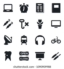Set of vector isolated black icon - train vector, presentation board, flower in pot, bike, caries, no hook, satellite antenna, headphones, monitor, laptop pc, alarm, copybook, contract, open close