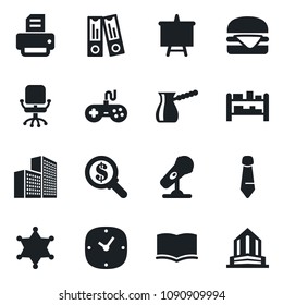 Set of vector isolated black icon - office chair vector, book, binder, tie, presentation board, printer, rack, microphone, gamepad, clock, building, hamburger, turkish coffee, police, money search