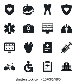 Set of vector isolated black icon - monitor pulse vector, doctor case, diagnosis, syringe, ambulance star, bike, heart shield, disabled, lungs, real, tooth, clipboard, diet, hospital
