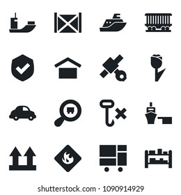 Set of vector isolated black icon - railroad vector, satellite, sea shipping, car delivery, port, container, consolidated cargo, warehouse storage, up side sign, no hook, tulip, shield, flammable