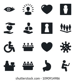 Set of vector isolated black icon - male vector, female, disabled, team, meeting, manager place, heart, hand, stomach, eye, virus, client, shining head, man with notebook