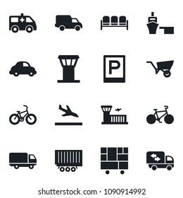 Set of vector isolated black icon - airport tower vector, arrival, parking, waiting area, building, wheelbarrow, ambulance car, bike, truck trailer, delivery, sea port, consolidated cargo, moving