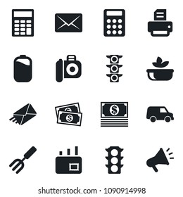 Set of vector isolated black icon - printer vector, garden fork, cash, traffic light, camera, battery, calculator, mail, salad, car, advertising