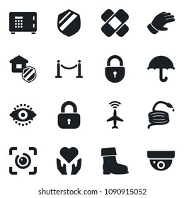 Set of vector isolated black icon - plane radar vector, fence, safe, lock, glove, boot, hose, patch, heart hand, umbrella, shield, eye id, estate insurance, surveillance
