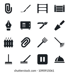 Set of vector isolated black icon - safe vector, trowel, farm fork, rake, pruner, scalpel, container, rack, pause button, paper clip, ink pen, heater, dish