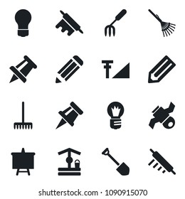 Set of vector isolated black icon - presentation board vector, drawing pin, bulb, job, pencil, garden fork, rake, well, satellite, cellular signal, rolling