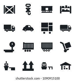 Set of vector isolated black icon - truck trailer vector, car delivery, sea port, container, consolidated cargo, up side sign, no hook, heavy scales, rack, railroad, warehouse