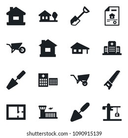 Set of vector isolated black icon - airport building vector, trowel, shovel, wheelbarrow, saw, house, hospital, with garage, tree, plan, estate document, crane