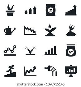 Set of vector isolated black icon - growth statistic vector, seedling, watering can, sproute, fertilizer, bar graph, point, career ladder, irrigation, arrow up, crisis, presentation