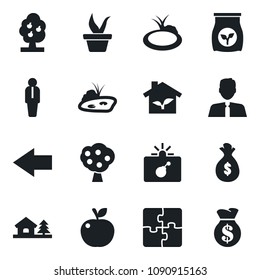 Set of vector isolated black icon - bomb in case vector, left arrow, manager, seedling, pond, fertilizer, application, house with tree, fruit, estate agent, apple, eco, money bag