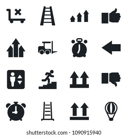Set of vector isolated black icon - elevator vector, alarm clock, left arrow, fork loader, ladder, up side sign, no trolley, finger, down, career, graph, air balloon