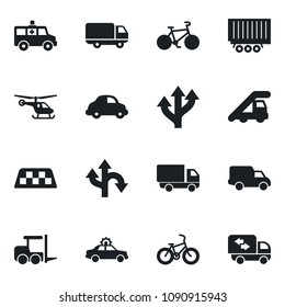 Set of vector isolated black icon - taxi vector, alarm car, fork loader, ladder, helicopter, ambulance, bike, route, truck trailer, delivery, moving